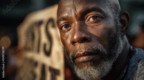 An African American man holding a Juneteenth banner , portrait shot , in front of a crowd at the festival , strong emotional connection and direct focus , with golden sunset light