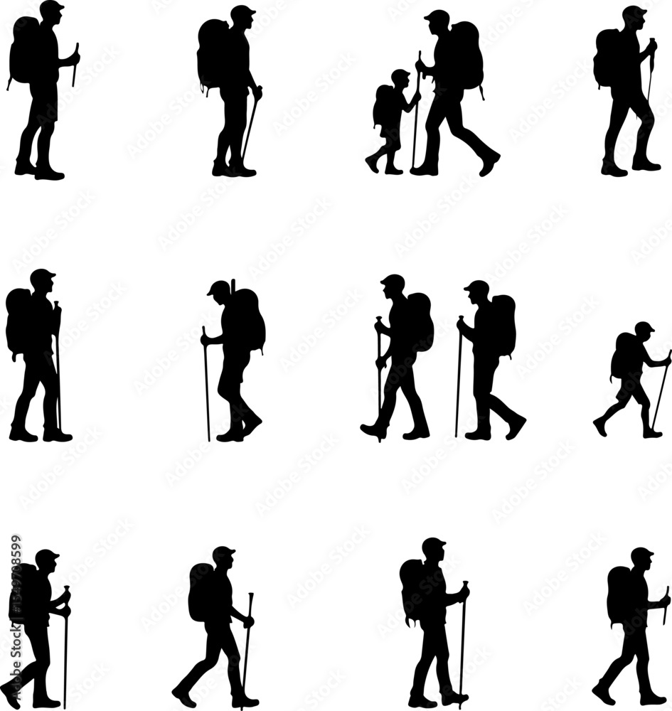 Fototapeta premium Hiking Hikers Standing on Mountain Peak Silhouette vector graphics