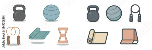 Fitness equipment includes kettlebells, exercise balls, jump ropes, mats, and resistance bands arranged on a simple background