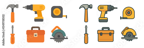 Collection of various tools including drills, hammers, saws, and measuring tapes arranged on a flat surface