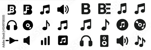 Collection of musical icons symbolizing sound, music, and audio equipment in black color on a white background