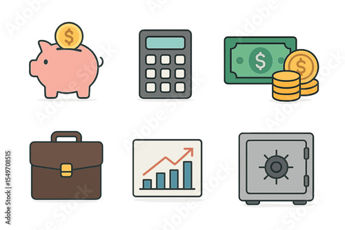 Visual depiction of financial concepts including savings, budgeting, and investment strategies presented in simple iconography
