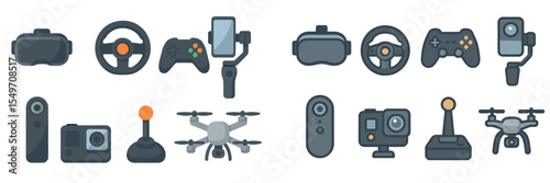 Technology icons representing various devices used for gaming, photography, and drone operation in a colorful style