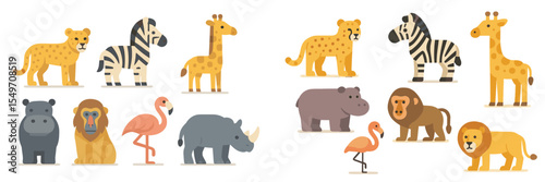Colorful cartoon animals including zebras, giraffes, lions, and hippos grouped together in a playful design