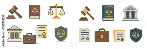 Legal symbols representing justice, law, and the judicial system in a minimalistic design on a white background