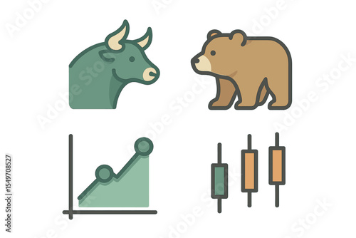 Bull and bear market symbols illustrate trends and reflections on stock market activity in a digital format