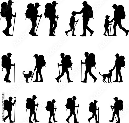 Hiking Hikers Standing on Mountain Peak  Silhouette  vector graphics