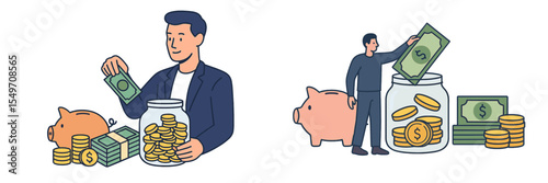 Saving money using jars and piggy banks at home during daytime