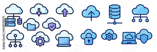 Cloud computing icons depicting various services and activities in technology environment during daytime
