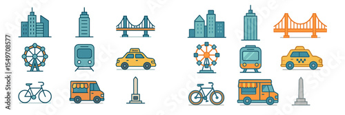 Urban skyline with modern buildings, bridges, vehicles, and recreational elements showcasing city life and transportation in a vibrant layout