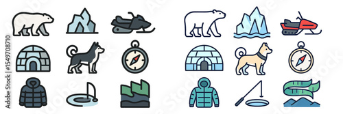 Icons representing winter activities and wildlife in a cold climate including polar bears, snowmobiles, and outdoor exploration gear