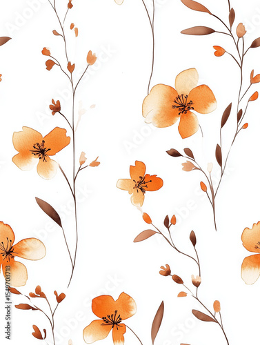 Seamless floral pattern with watercolor and gouache flowers and leaves