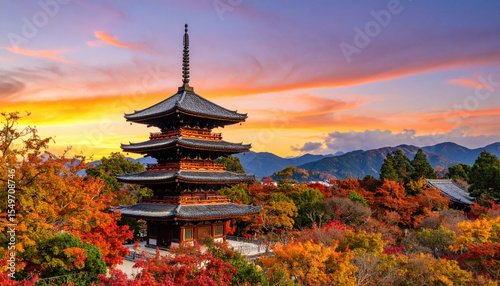 Autumn temple scenery in Japan with vibrant colors and sunset