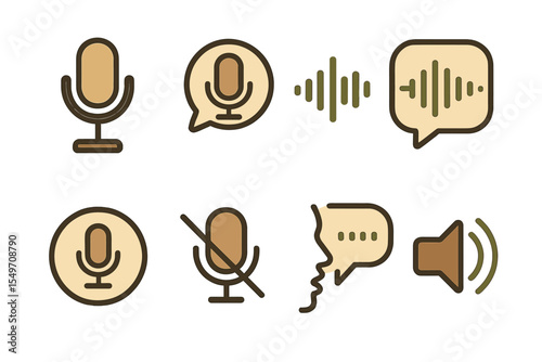 Various microphone and sound wave icons representing audio communication and recording