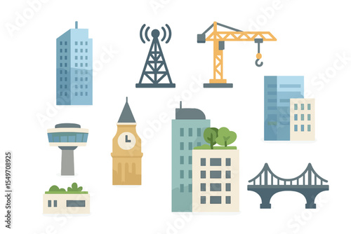 Illustration of urban architecture and construction elements in a modern cityscape setting