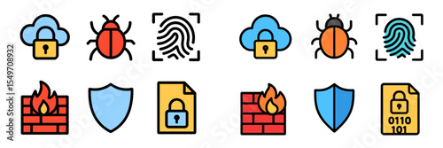 Digital security icons representing various concepts including cloud protection, malware, and data privacy measures