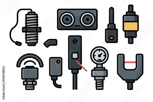 Various automotive components and tools displayed on a flat surface for mechanical assessment and repair in a workshop setting