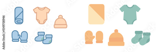 Soft pastel baby clothing and accessories arranged neatly on a white background for baby care fashion ideas