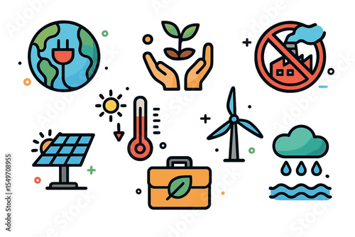 Environmental sustainability and renewable energy concepts represented through various icons and symbols