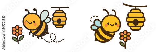 Cute cartoon bees flying around flowers and a hive during a bright, sunny day in a whimsical garden