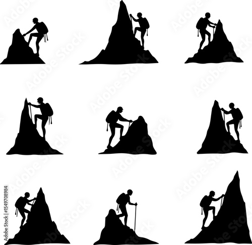 Hiking Hikers Standing on Mountain Peak  Silhouette  vector graphics