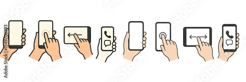 Hands interacting with various touchscreen devices demonstrating gestures in a minimalistic style
