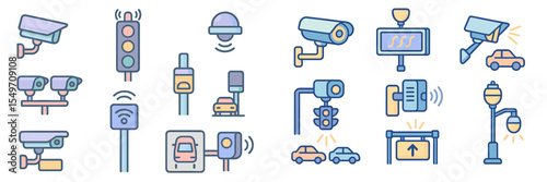 Variety of surveillance and traffic control icons illustrating modern city infrastructure and safety measures
