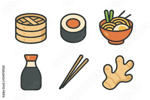 Delicious Asian cuisine featuring sushi, noodles, and condiments in a vibrant display of flavors