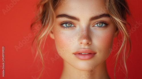 Close-up of young model posing on red background