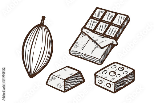 Chocolate creation process showing cacao pod, chocolate bar, and pieces at a workshop in autumn