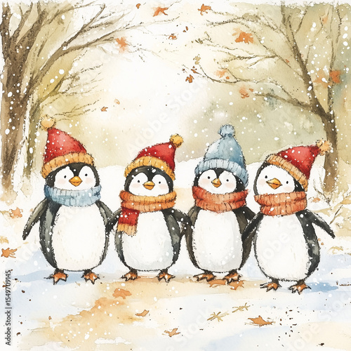 Four cute penguins wearing winter clothes walking in the snow