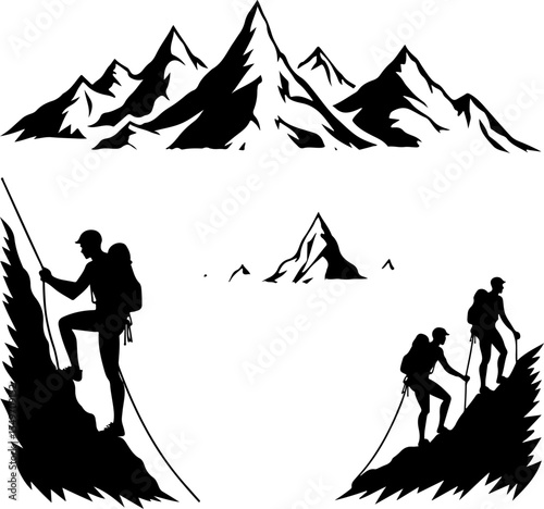 Hiking Hikers Standing on Mountain Peak  Silhouette  vector graphics