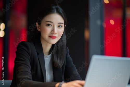 Young Asian businesswoman working on laptop in modern office