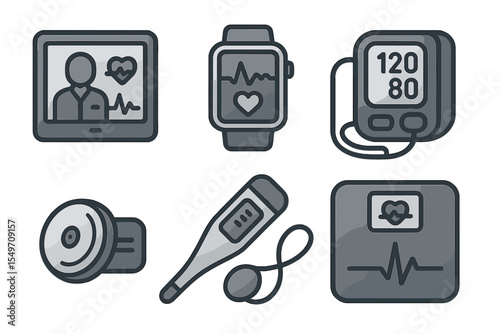Health monitoring devices including watches, blood pressure monitors, and smart scales are showcased in a digital format with health data visuals