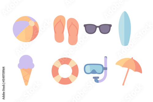 Summer beach activities include surfboards, snorkeling gear, ice cream, and beach accessories in a colorful arrangement