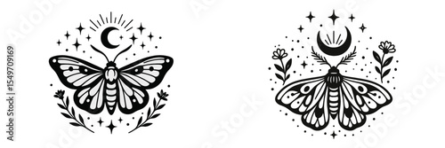 Ink design of mystical moths surrounded by stars and floral elements representing night and nature