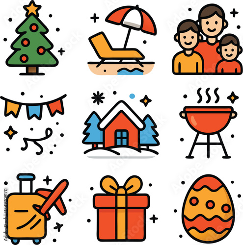 Nine colorful holiday icons suitable for web design, social media, greeting cards, gift wrap, and party decorations.