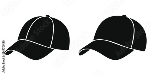 Two black silhouette baseball caps against a white background.