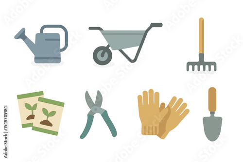 Gardening tools and equipment arranged for planting and maintaining a home garden in springtime