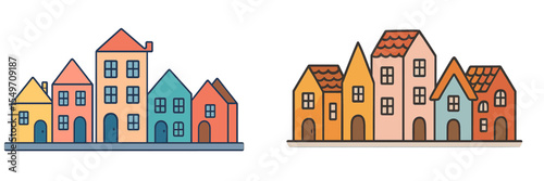 Colorful row of cartoon houses in a whimsical style showcasing different shapes and sizes in a playful manner