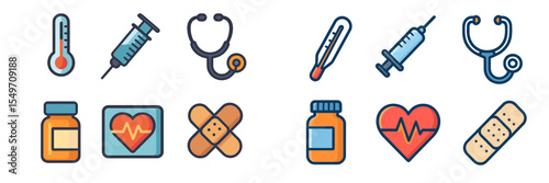 Medical icons representing health care tools and activities related to patient care and medical procedures