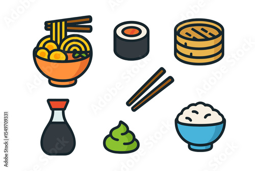 Noodles, sushi, and rice with condiments showcase diverse Asian cuisine on a minimalist background
