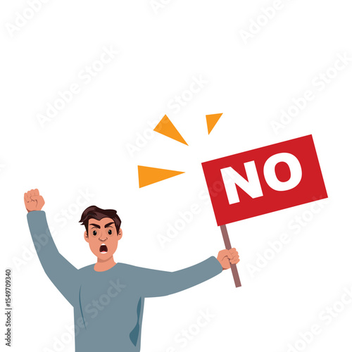 Activist with protest placard, saying no, rally, strike, opposition, civil rights, flat modern vector art