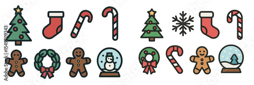 Festive holiday icons featuring trees, stockings, gingerbread men, and candy canes in cheerful colors
