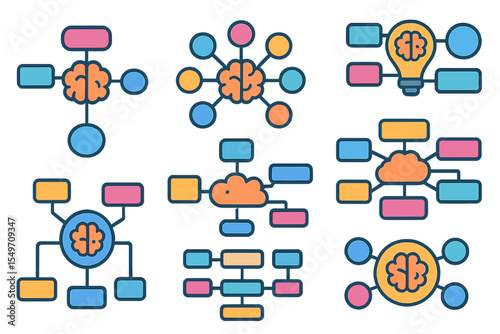 Colorful mind map illustrations showing various concepts and connections in a creative design with abstract shapes