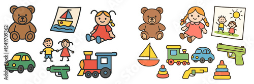 Colorful assortment of children's toys, drawings, and characters in a playful setting for learning and creativity