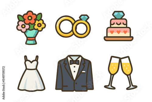 Wedding elements showcasing rings, cake, bouquet, dress, tuxedo, and champagne glasses for celebration
