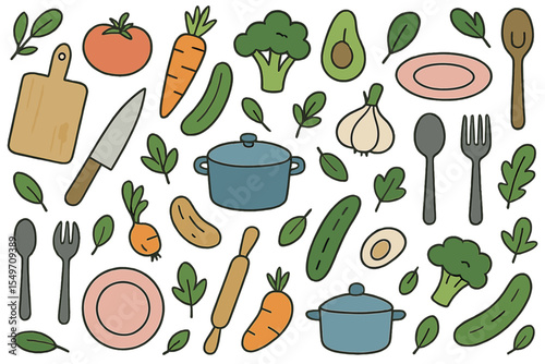 Illustration of fresh vegetables, kitchen utensils, and cooking items for a healthy meal preparation