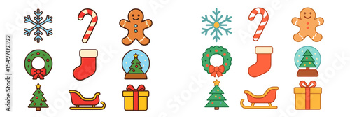 Holiday-themed illustrations featuring gingerbread, ornaments, and festive decorations for winter celebrations
