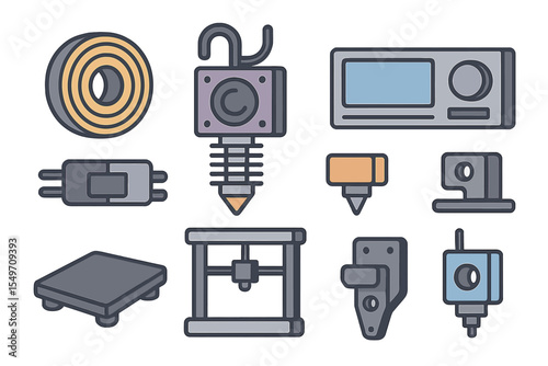 Various 3D printing components and accessories displayed on a white background for educational purposes